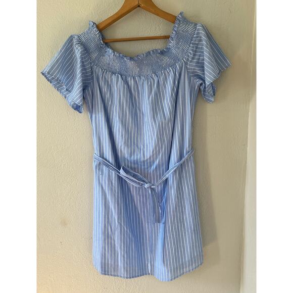 Women's Express Blue White Striped Off the Shoulder Dress with Belt Size M - Picture 1 of 6